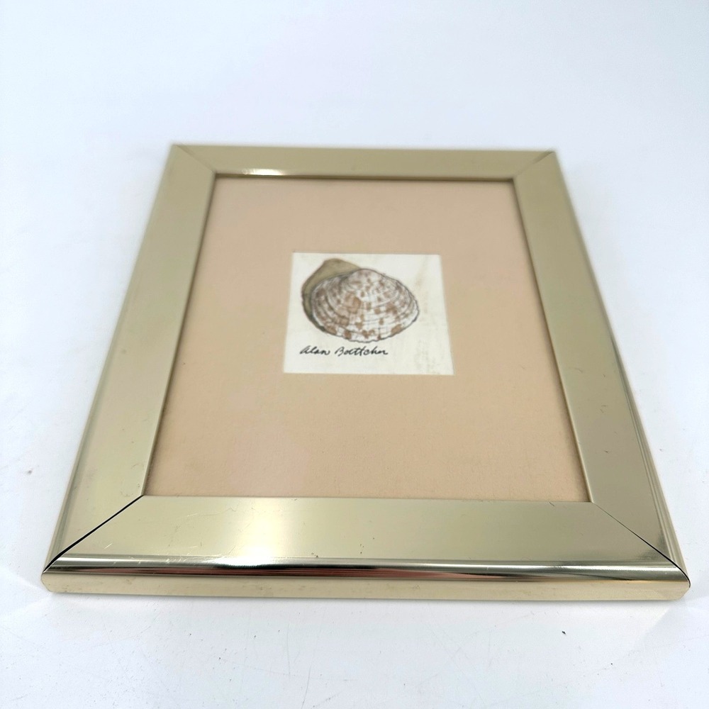 Vintage Brass Tone 4x6 Picture Frame w/ Shell Art Print Signed‎ Beach Nautical